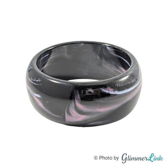 Retro Wide Dome Black Pink Swirl Plastic Resin Bangle Bracelet - Picture 3 of 11